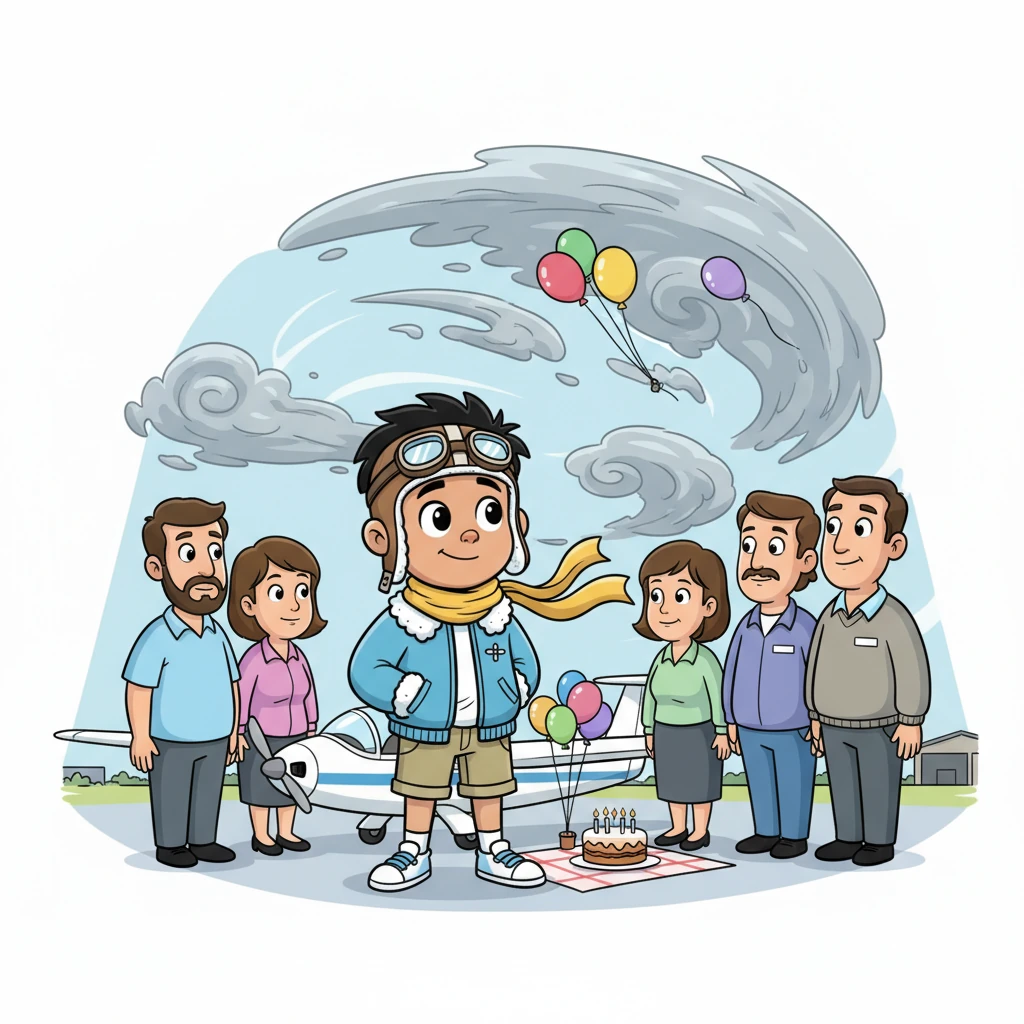 It's Abhinav's fourteenth birthday, marked by colorful balloons and a small cake near the airfield. He stands excitedly by a sailplane, surrounded by supportive club members and proud instructors, hoping for his solo flight. However, strong winds whip around them, clearly making flying unsafe, and Abhinav looks up at the turbulent sky with a wistful, yet understanding, expression, learning patience once more.