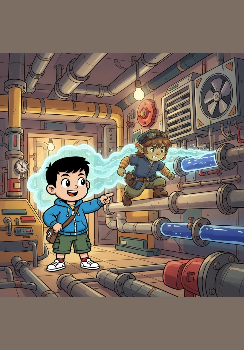 管道里流淌着一种叫“制冷剂”的魔法药水，它在吸满热量后，竟然从液体变成了轻飘飘的气体。酷宝拉着这些充满热量的气体，顺着管道急匆匆地跑向室外的机器。