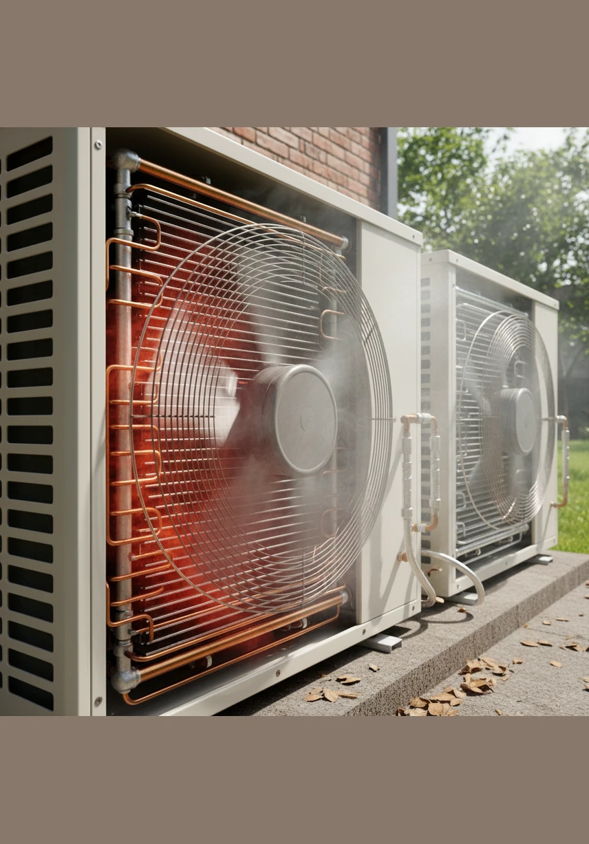 酷宝带着这些滚烫的气体来到了室外机的散热片前。外面的风扇呼呼吹过，把气体里的热量吹散到了大气中，气体释放了热量后，慢慢冷却变回了液体状态。