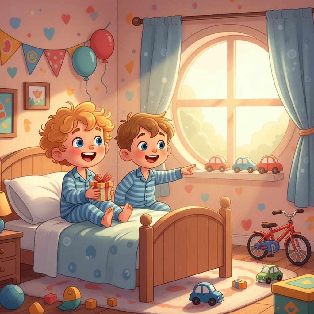 It was Darius's birthday! He was turning two years old, with bright blue eyes and curly blond hair, just like the sun. His brother, Eden, who loved toy cars and bikes, was already three. The boys woke up excited for a special day, ready for an adventure.