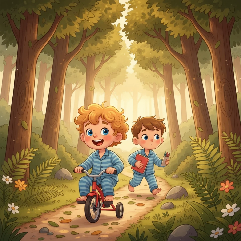 Eden zoomed around on his little red bike, while Darius, with his drawing pad and crayons, followed closely, ready to capture the forest's beauty. They were heading into the nearby woods, a place full of mysteries and fun. The air smelled of leaves and fresh earth, inviting them further.