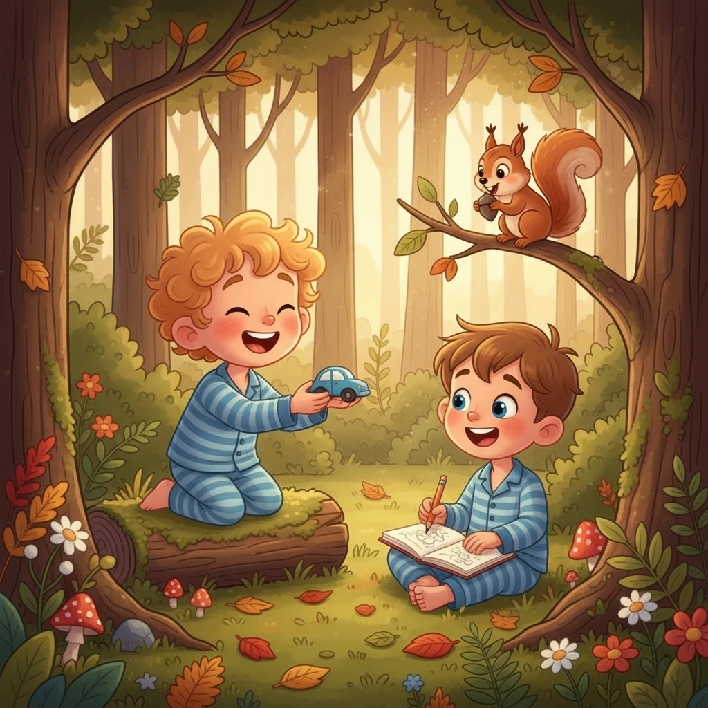 Deep inside the forest, the brothers encountered a friendly squirrel, which Eden tried to befriend with his toy car. Darius, meanwhile, began sketching the squirrel's antics. They laughed and played, the forest becoming their playground filled with endless possibilities.