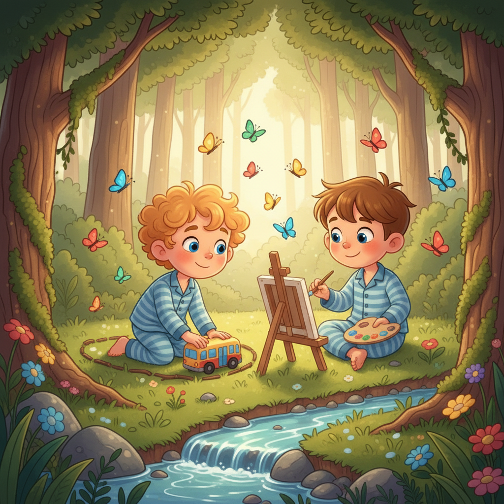 Suddenly, they stumbled upon a hidden clearing. There, a tiny stream gurgled, and colorful butterflies danced in the air. Eden steered his toy bus through the imaginary roads, while Darius painted the scene, capturing the magic.