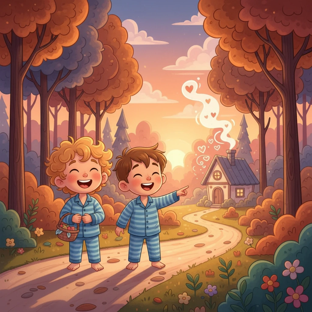 As the sun began to set, casting long shadows, the brothers started heading back home, their hearts filled with joy. They'd explored the forest, laughed, and created beautiful memories. The smell of cake wafted through the air.