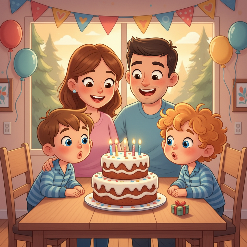 Back home, their parents, Ashley and Jack, greeted them with smiles and a delicious birthday cake. With happy faces, the boys blew out the candles, celebrating Darius's special day. The forest adventure and cake made for a perfect birthday.
