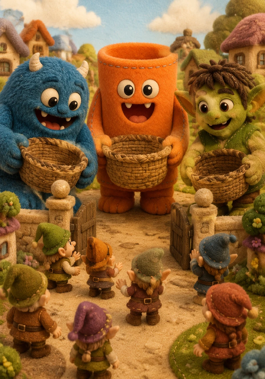 De repente, tres monstruos gigantes y hambrientos aparecen en la entrada del pueblo con grandes cestas vacías. A pesar de su tamaño, los monstruos son muy amables y solo quieren encontrar amigos para jugar y compartir la merienda.