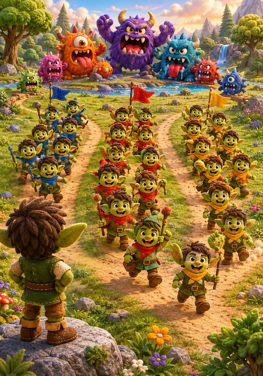 Los duendes comienzan a caminar hacia los monstruos de forma ordenada, llenando el espacio con risas y saltos. El Rey observa cómo el grupo inicial de treinta se va transformando en tres grupos iguales de diez amigos cada uno.