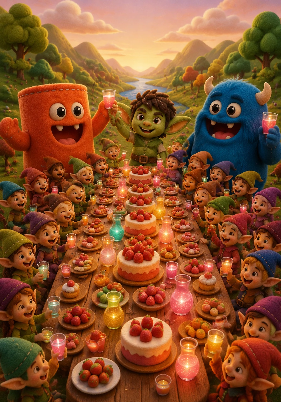 Los tres monstruos y los treinta duendes se sientan a una mesa larguísima para celebrar el Banquete de la Amistad. Hay pasteles de fresa y jugos mágicos, y todos celebran que el reparto equitativo ha traído felicidad a todo el valle.