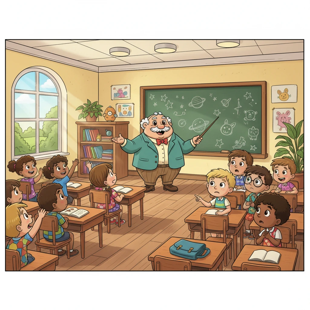 El querido Profesor, con una sonrisa amable, enseña a una clase llena de alumnos felices. Sin embargo, en la parte de atrás, Ricardo, Scot y Oliver intercambian miradas preocupadas, notando un pupitre vacío.