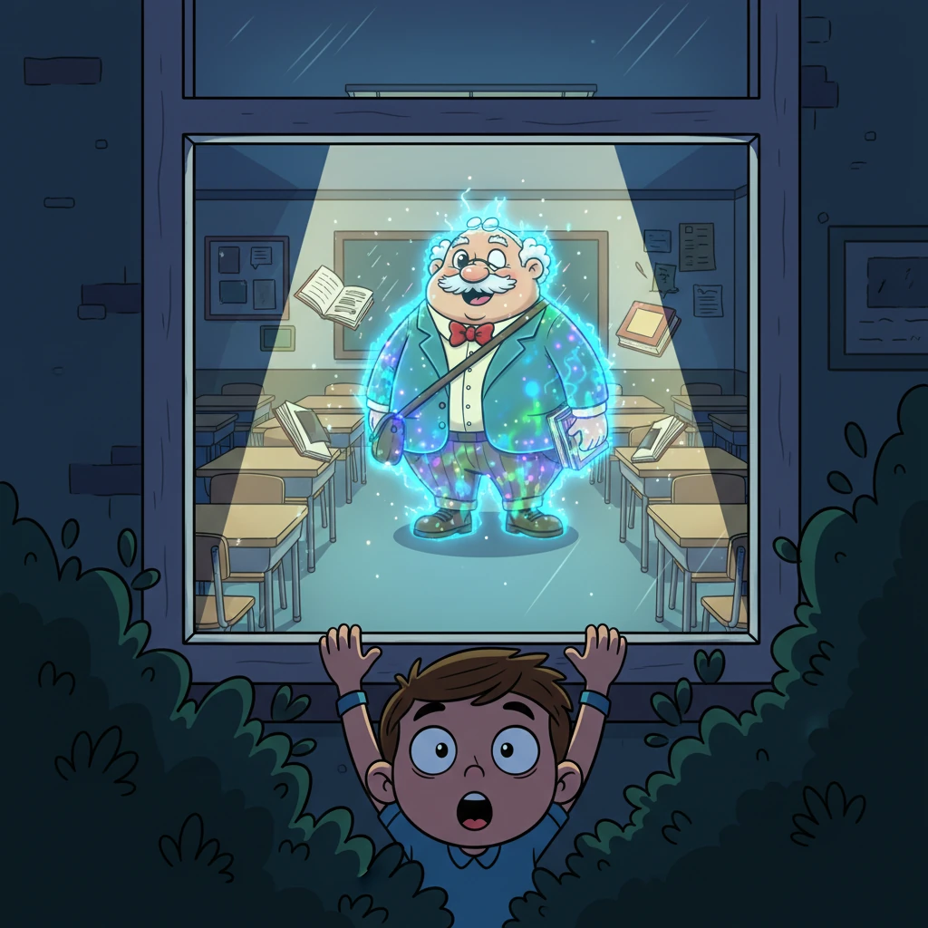 Oliver, escondido en la oscuridad, espía a través de la ventana del aula de la escuela. Con los ojos muy abiertos por la sorpresa, observa cómo el Profesor, una vez solo, revela su verdadera forma alienígena, brillando con una luz extraña.