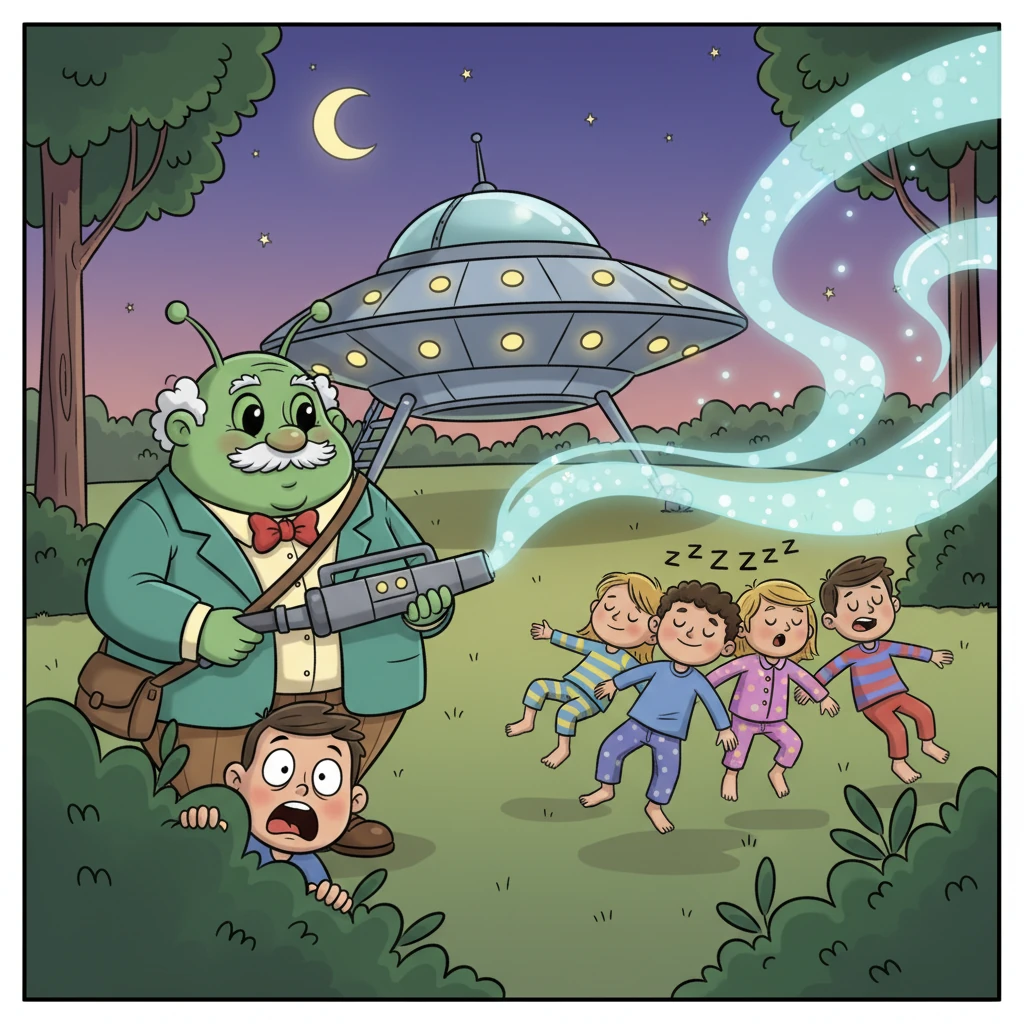 El Profesor, ahora en su forma alienígena, usa un dispositivo que emite un gas adormecedor para guiar suavemente a varios niños dormidos hacia una nave espacial futurista. Oliver, oculto entre los arbustos, observa la escena con terror.