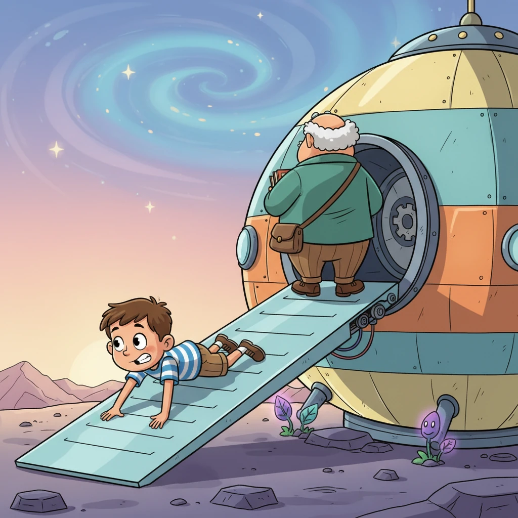 Con el corazón latiéndole a mil, Oliver se desliza con cautela hacia la rampa de la nave espacial, que está a punto de cerrarse. Con una determinación silenciosa, logra colarse justo antes de que el Profesor se dé cuenta.