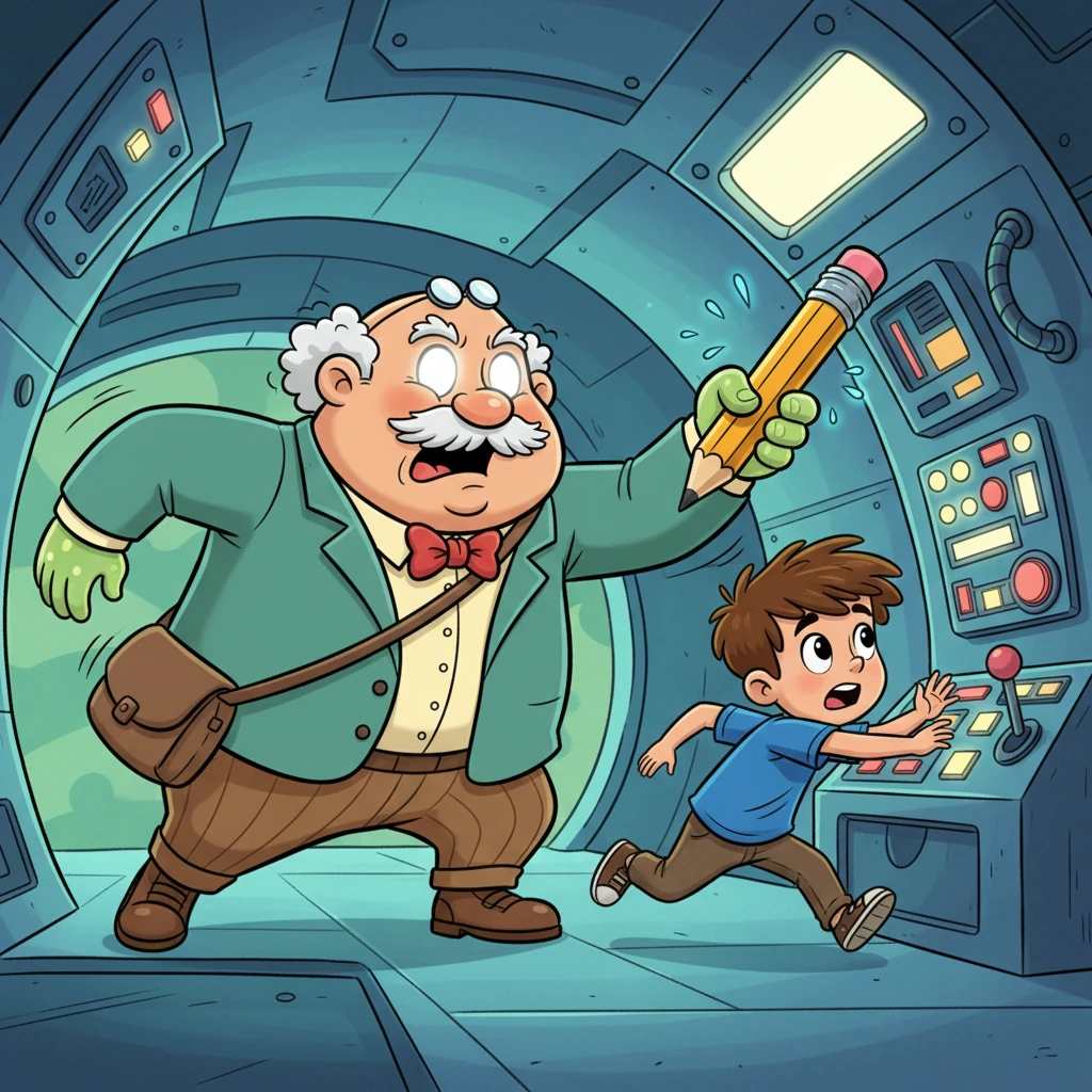 El Profesor alienígena, con sus ojos brillantes, descubre a Oliver y se abalanza sobre él. En un acto de pura valentía, Oliver le clava un lápiz en la mano al Profesor y corre desesperadamente hacia el panel de control de la nave.