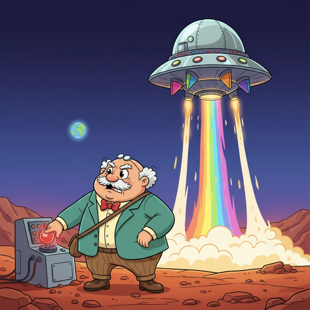 Oliver, con una expresión de intensa concentración, logra encender la nave espacial. La nave se eleva majestuosamente sobre el paisaje marciano, dejando una estela de colores brillantes mientras se dirige de vuelta a la Tierra.