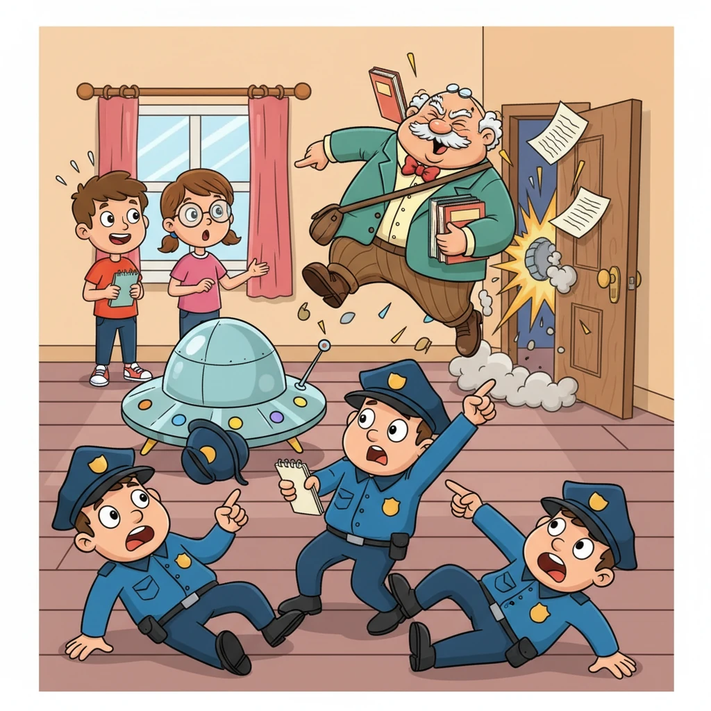 De vuelta en la casa de Ricardo, los tres amigos muestran la nave espacial a un grupo de policías valientes. De repente, el Profesor alienígena irrumpe por la puerta, iniciando una caótica y valiente batalla.