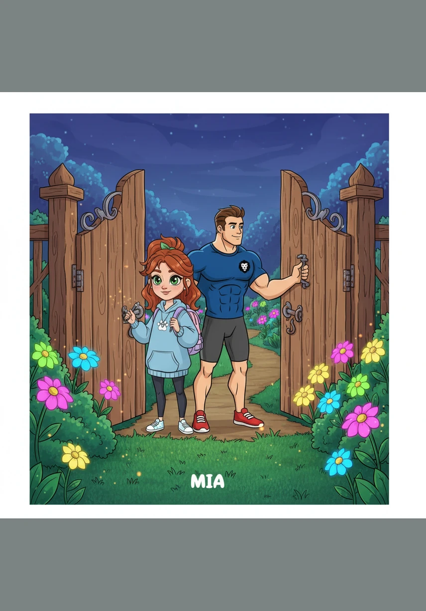 With a gentle push, the gate creaked open to reveal a winding path lined with flowers that glowed like soft neon lamps. The air smelled of cinnamon and honey, and the emerald grass beneath their feet felt as soft as a knitted sweater.