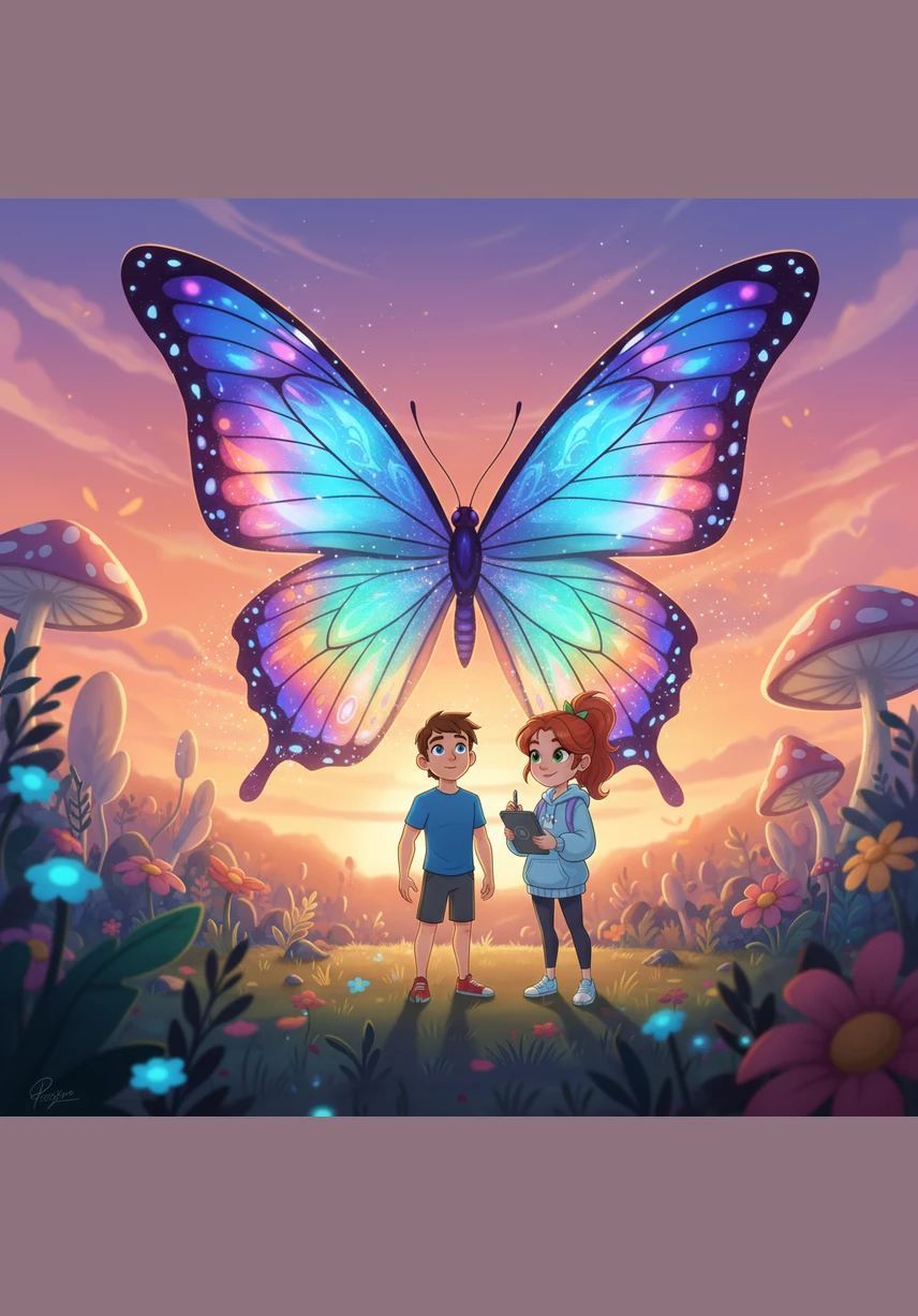 A magnificent butterfly with wings like stained glass fluttered down to greet them, its wingspan wider than Leo's outstretched arms. It circled them playfully, leaving a trail of shimmering stardust that tickled their noses and made the air sparkle.