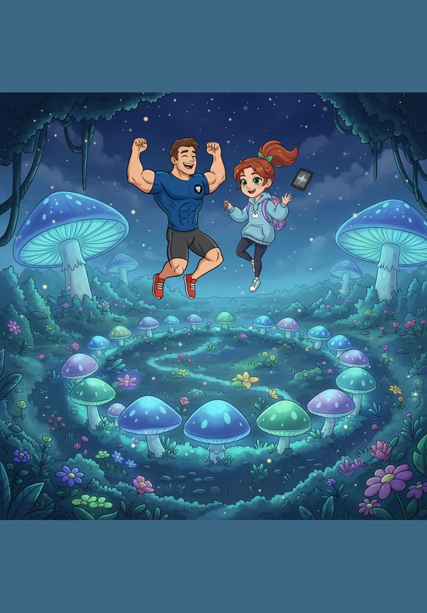 They discovered a circle of large, glowing mushrooms that acted like soft trampolines, bouncing them high into the fragrant air. From the top of their jumps, they could see the entire garden stretching out like a tapestry of living, breathing light.