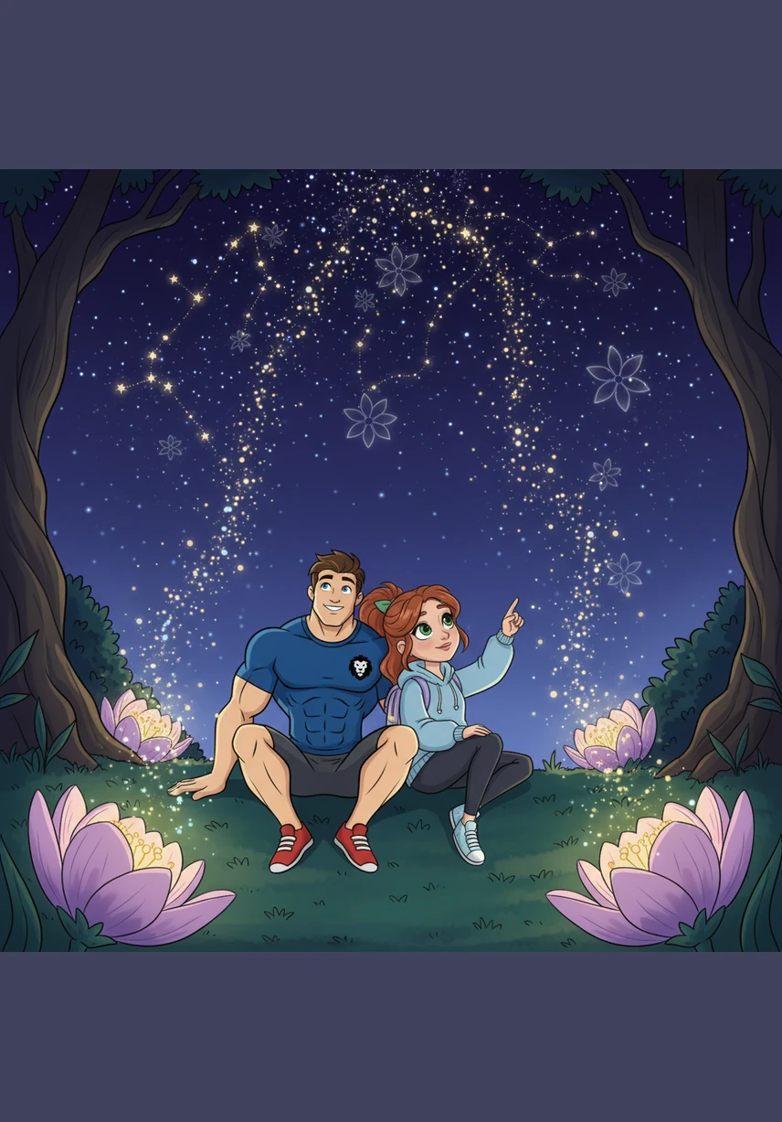As the sky turned a deep indigo, the legendary Moon-Blooms began to open, releasing tiny sparks of light that drifted upward to join the stars. Leo and Mia sat together on a velvet mossy bank, watching the sky come alive with floral constellations.
