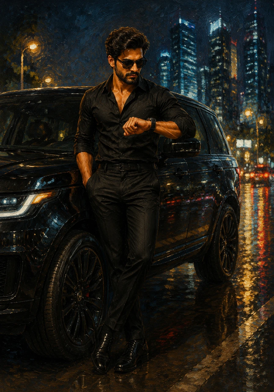 Arjun stands confidently by his sleek black SUV, the city’s neon lights dancing across the vehicle's polished surface. He checks his luxury watch, his all-black attire blending seamlessly into the sophisticated night atmosphere.