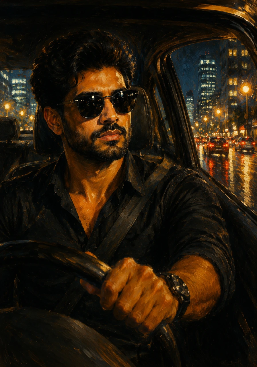 As he drives through the bustling downtown, the vibrant streetlights create a rhythmic pattern of shadows and highlights across his face. Every turn reveals a new facet of the city he has worked so hard to conquer.