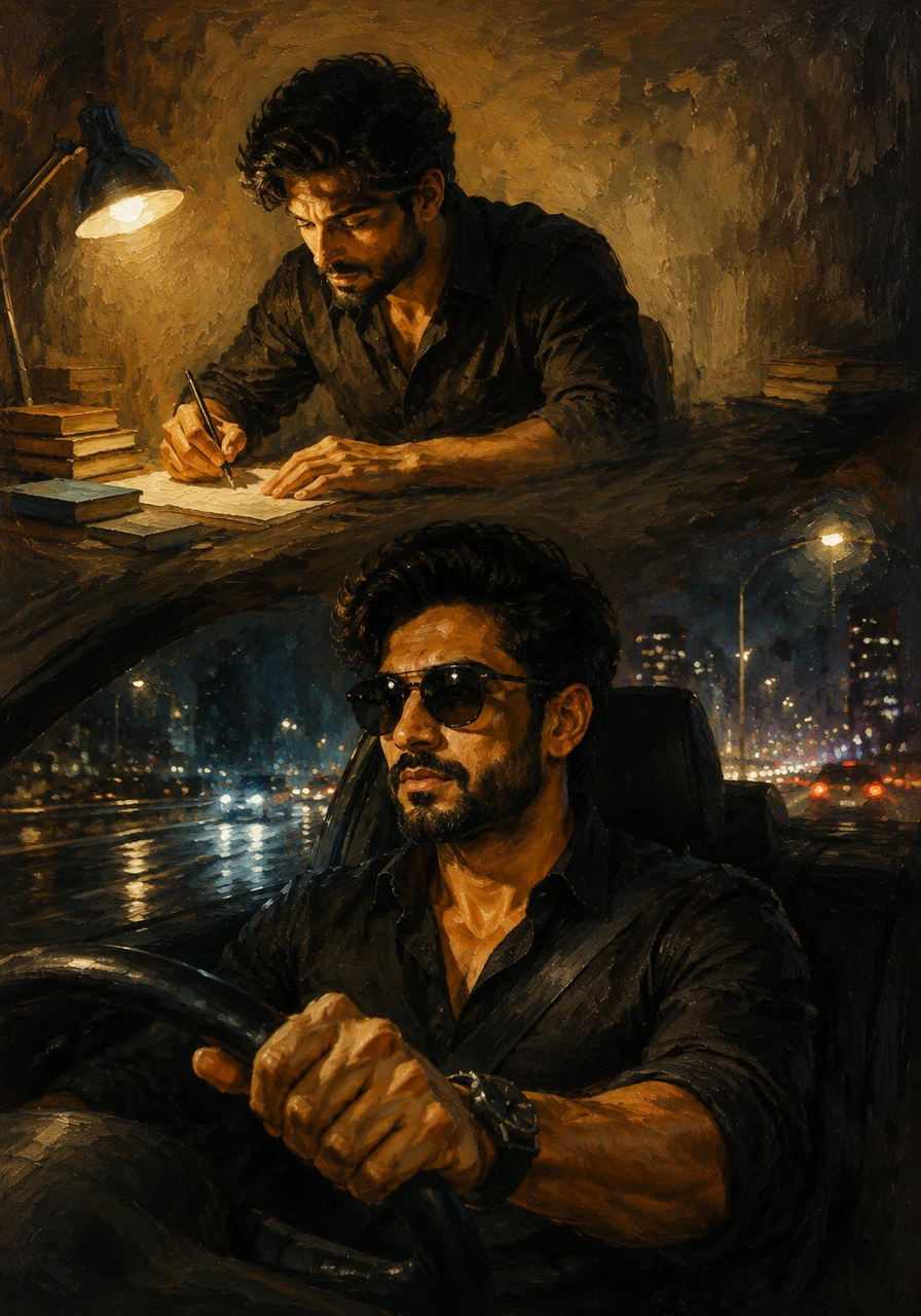 A quiet moment of reflection takes him back to his early days, working under a single lamp with nothing but a vision. That same fire still burns in his eyes as he navigates the high-speed lanes of his current life.