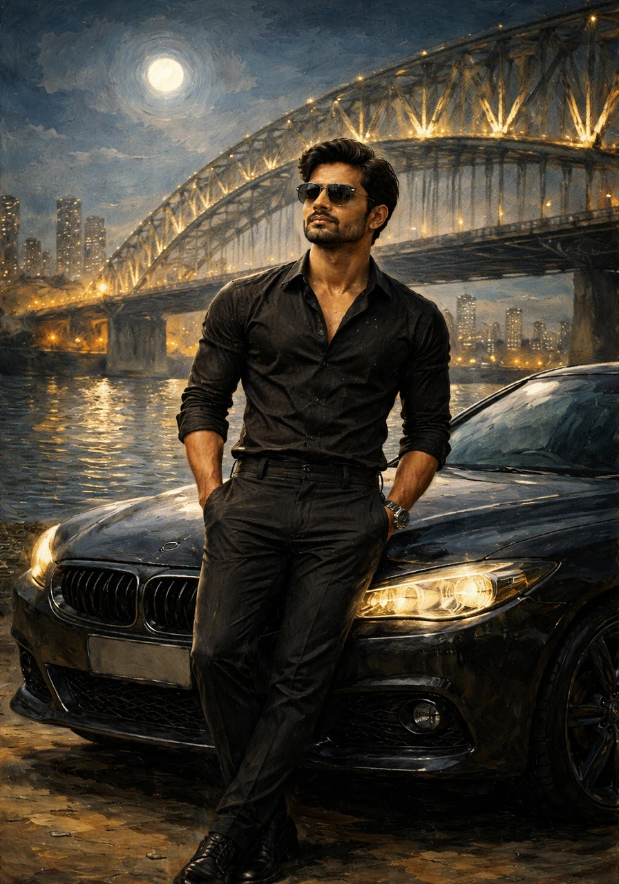He pulls over near a bridge, the architectural steel glowing under the moonlight. Leaning against the hood, he takes a deep breath, appreciating the silence amidst the urban chaos.