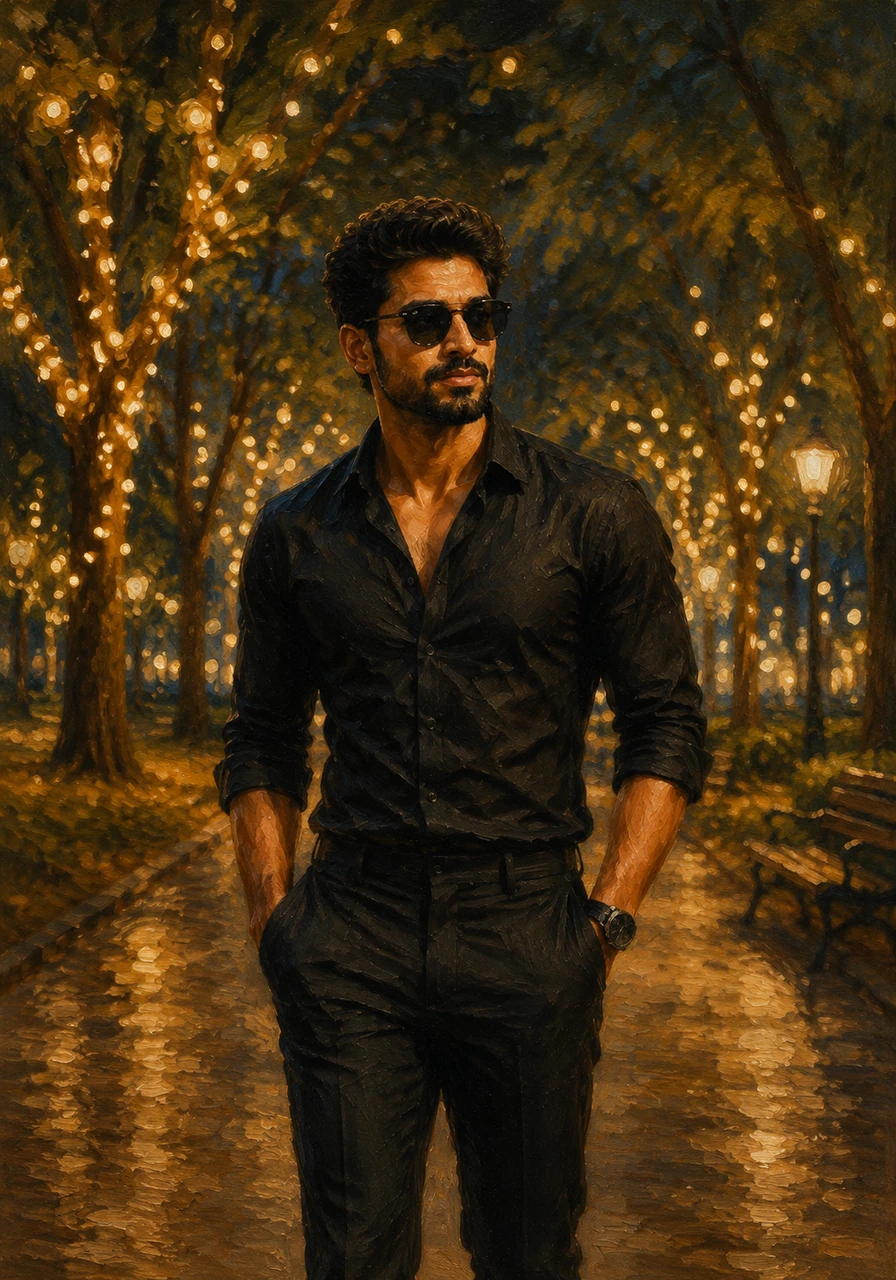 After the meeting, he walks through a quiet park where the trees are draped in fairy lights. The soft bokeh in the background highlights his contemplative expression as he thinks about his next big move.