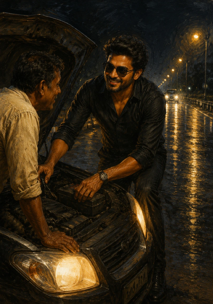 Arjun stops to help a stranded motorist, showing that his success hasn't detached him from his roots. The warmth of the car's headlights illuminates a genuine smile as he offers a helping hand.