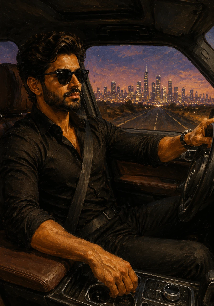 Back on the road, he heads toward the outskirts where the skyline looks like a shimmering carpet of diamonds. The hum of the luxury SUV is the only sound in the peaceful cabin.