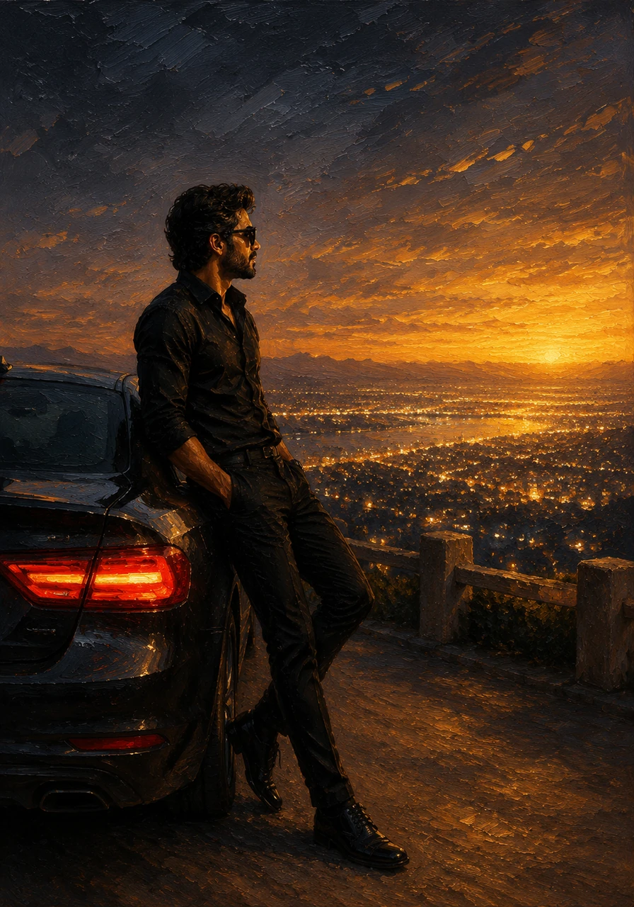 He reaches a panoramic lookout point and leans against the car, looking out over the vast expanse of the city. The contrast between the dark night and the glowing horizon mirrors his own journey from shadow to light.