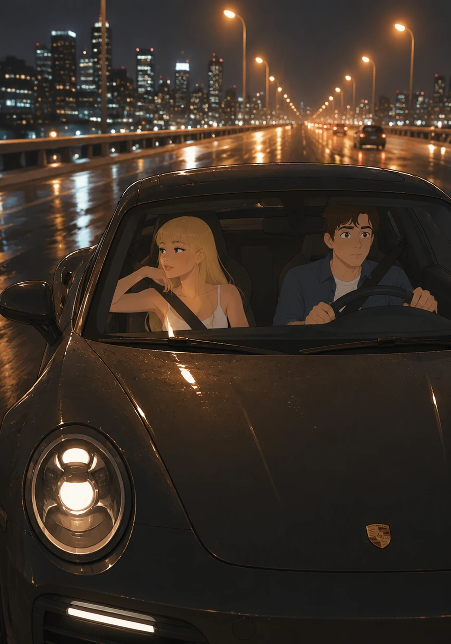 Leo grips the steering wheel of his sleek, dark Porsche 911 as it glides along the rain-slicked highway under the glow of amber streetlights. Beside him, Mia watches the blurred city skyline, her blonde bangs framed by the soft glow of the dashboard.