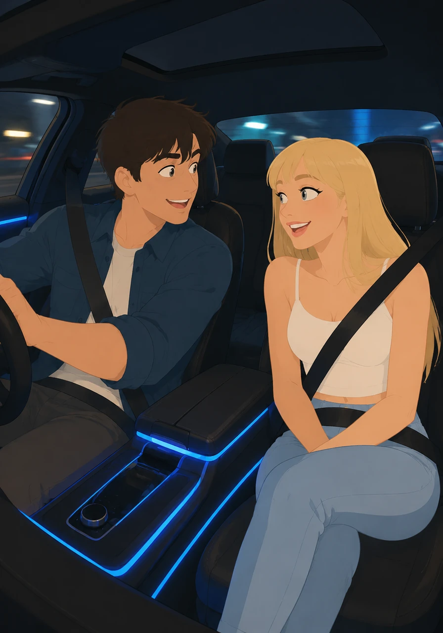The interior of the car is a cocoon of luxury and leather, with neon blue accent lights tracing the console. Leo and Mia share a look of pure excitement, the hum of the engine echoing their racing hearts.