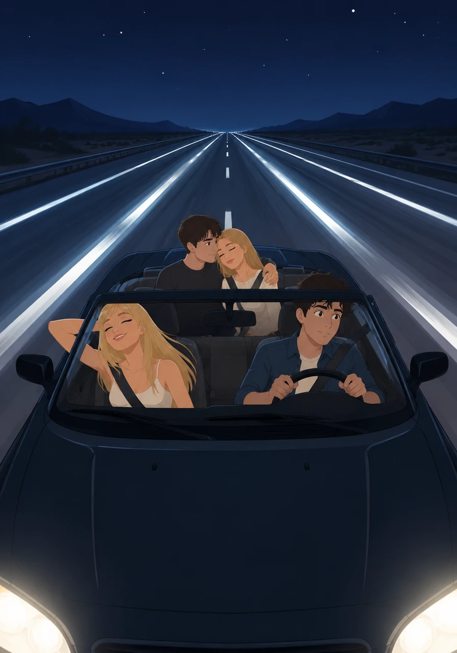 As the highway opens up into a vast, empty stretch, Leo presses the accelerator, feeling the raw power of the car. The white lane markings become long, continuous streaks of light as they fly through the cool night air.