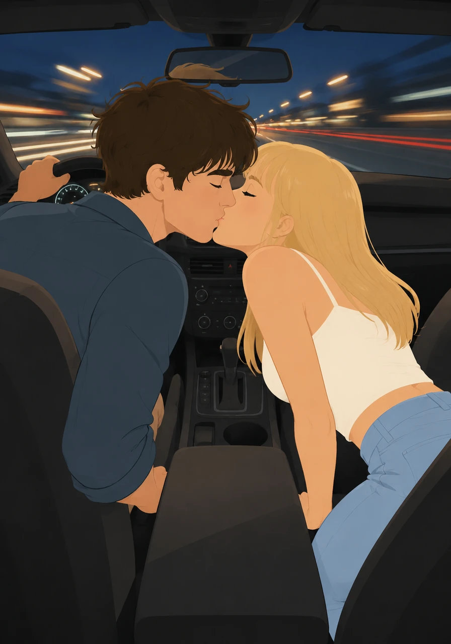 Caught up in the adrenaline and the music, Mia leans across the center console toward Leo. He meets her halfway, and they share a deep, cinematic kiss while the car maintains its high-speed trajectory.