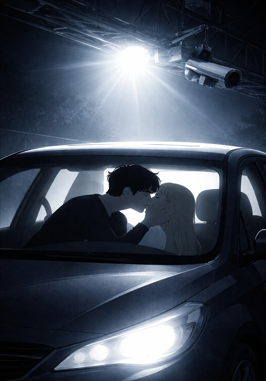 A brilliant, cold white flash from a gantry overhead cuts through the darkness, freezing their intimate moment in time. The surveillance camera captures the high-contrast silhouette of the car and the couple inside.