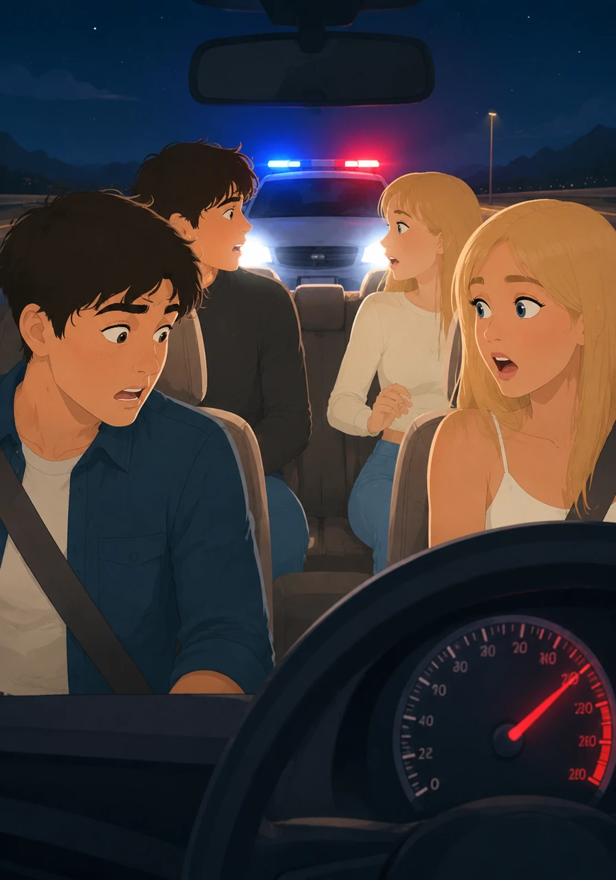 Startled by the light, they pull apart and look at each other with wide eyes. Leo glances at the speedometer, which is hovering well above the limit, as the realization of what just happened begins to sink in.