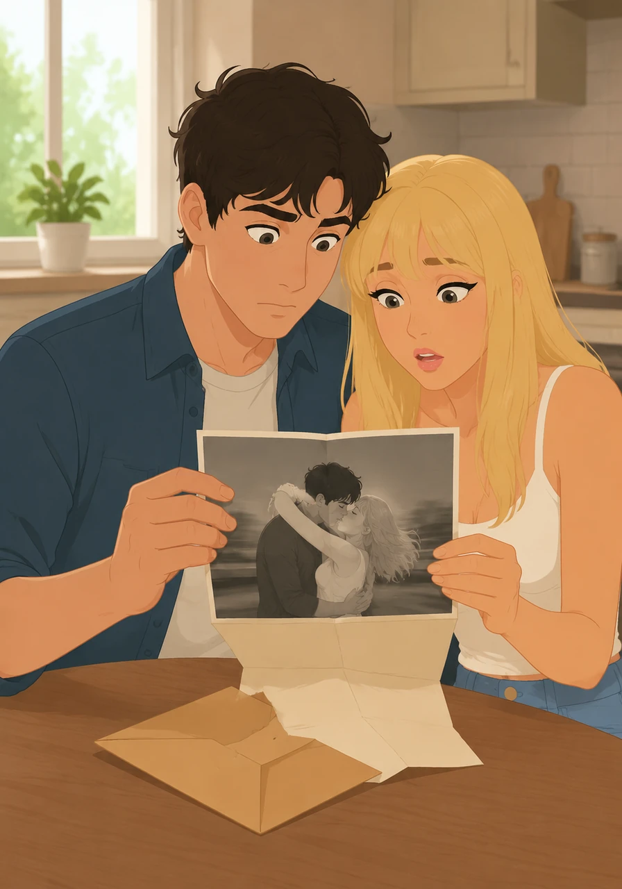 Leo and Mia sit together at the kitchen table, unfolding the letter to reveal a grainy, black-and-white photograph. There they are, perfectly centered and caught in a passionate embrace at 118 miles per hour.