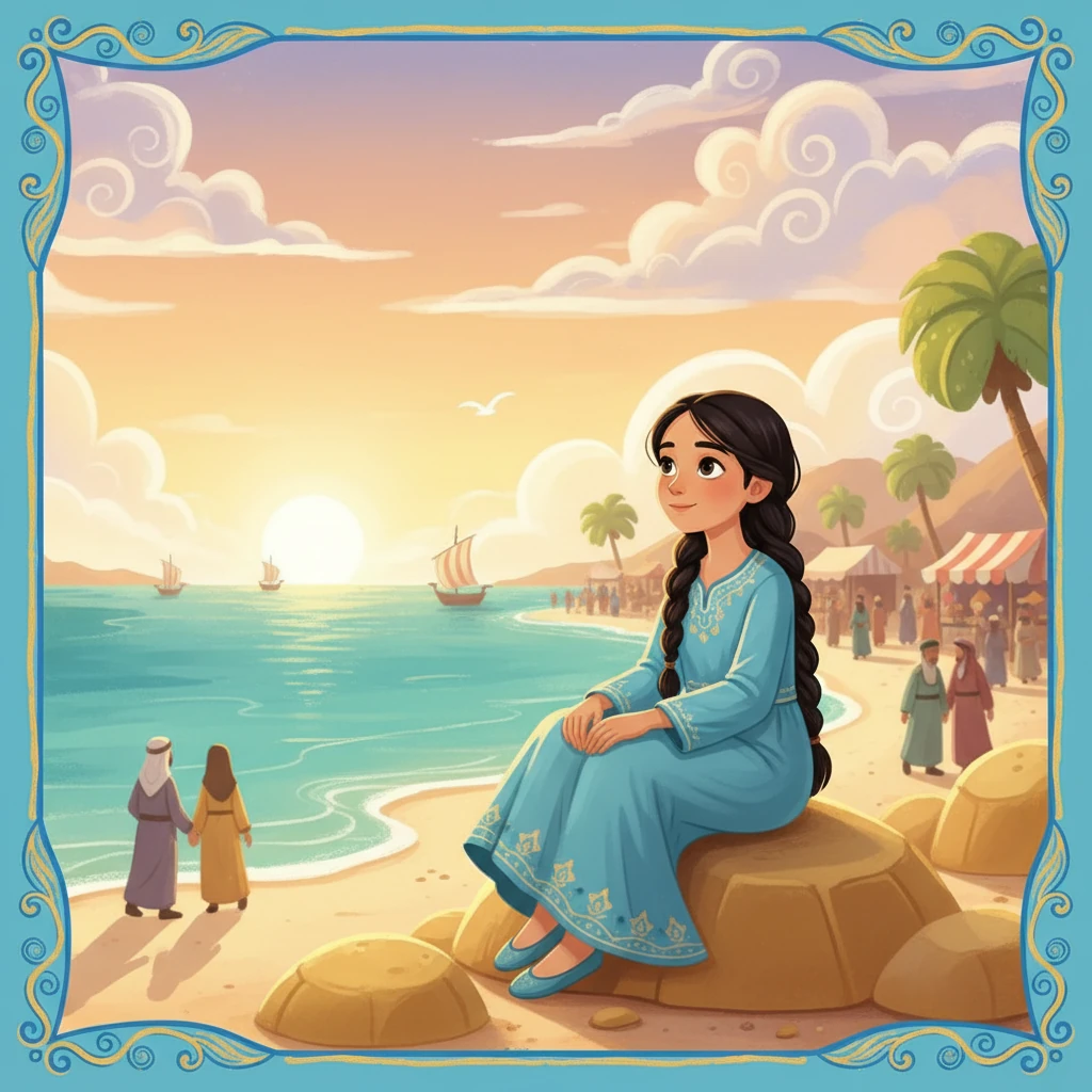 تجلس صفاء على شاطئ البحر، تتأمل في الأفق الواسع. يرافقها شعور بالهدوء والسكينة، على الرغم من ضجيج العالم من حولها. تعلمت صفاء أن السعادة الحقيقية ليست في الكمال، بل في الرضا الداخلي.