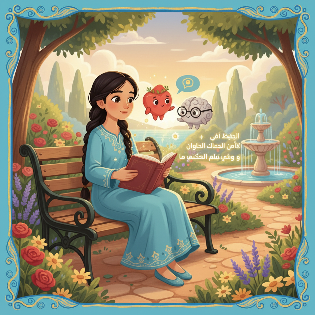 في حديقة جميلة، تجلس صفاء على مقعد خشبي، تقرأ كتابًا. يظهر في الرسم قلبها وعقلها، يتحدثان معًا في انسجام. فهمت صفاء أن التوازن بين القلب والعقل هو مفتاح السعادة.