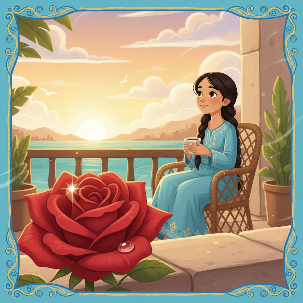 تستمتع صفاء بكوب قهوة في الصباح الباكر، وهي تجلس على الشرفة. ترى قطرة ندى تتلألأ على وردة، وتتنفس نسيم الصباح العليل. أدركت صفاء أن السعادة تكمن في التفاصيل الصغيرة.