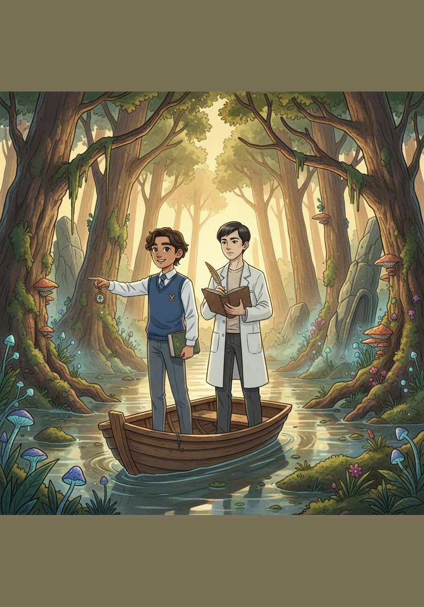 Azimkhan and Aidarbek, two dedicated young scientists in white lab coats, stand ready with their research equipment in a modern laboratory. The title of their project, The Secret of Clean Water, is displayed on a screen behind them as they prepare to investigate a local environmental crisis.