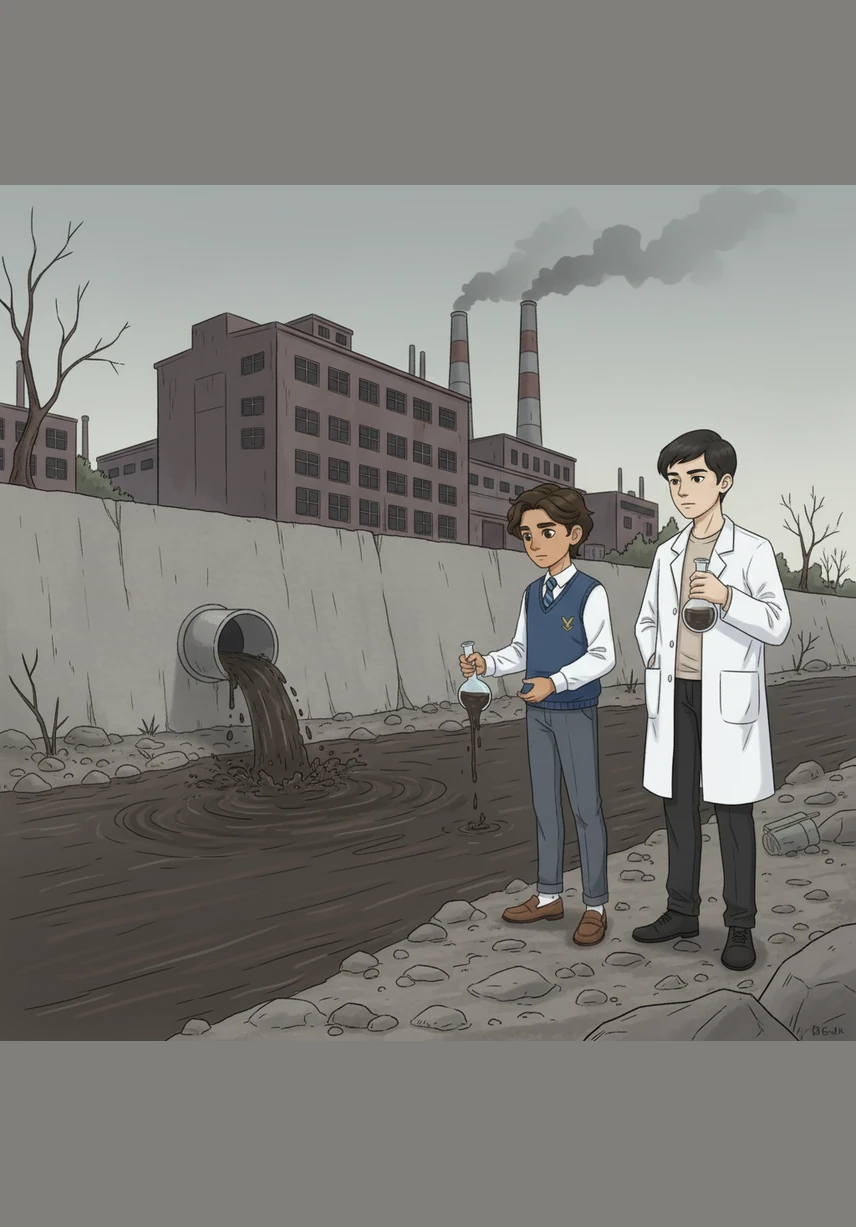 While exploring the riverbank near their city, Azimkhan and Aidarbek discover dark, murky waste flowing directly from a large factory pipe into the water. Concerned for the community, they collect water samples in glass flasks, determined to use their chemistry knowledge to uncover the hidden dangers.