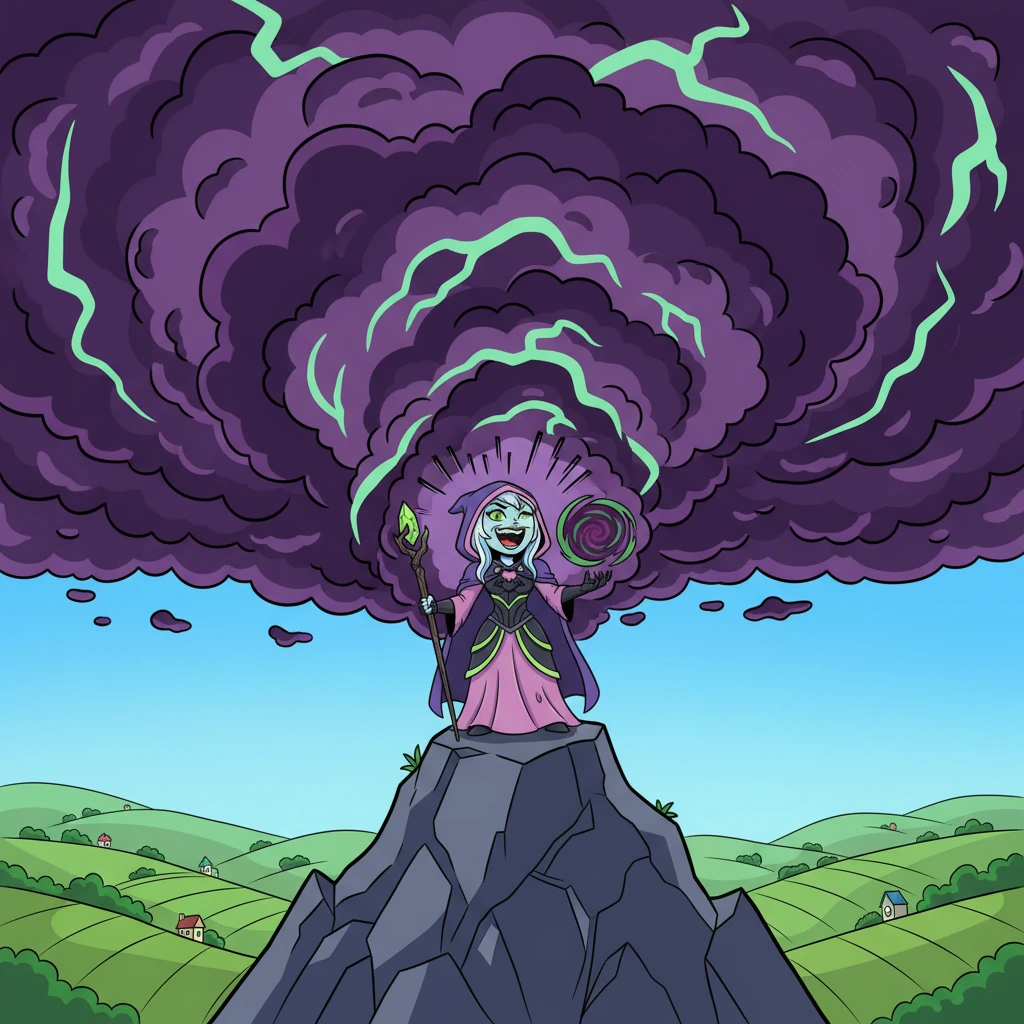 High above the peaceful realm of Eternia, a dark, swirling cloud of magic loomed from a jagged mountain peak. This was the lair of Malignia, an immortal sorceress whose shadow had terrorized the land for far too long. Her wicked laughter echoed through the valleys, casting a pall over the vibrant kingdom.