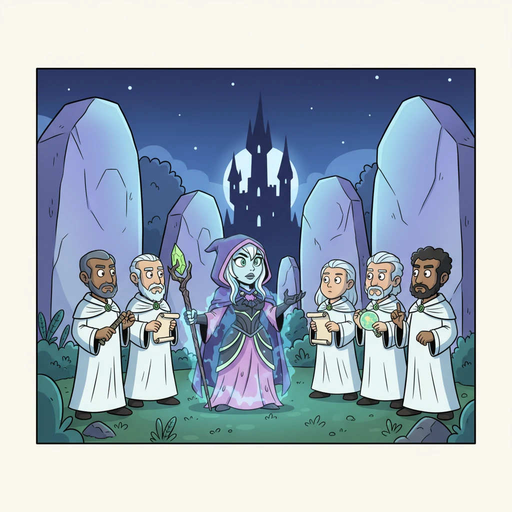 In a hidden grove, the wise White Mages, led by the brave Elara, gathered under the glow of ancient moonstones. With determined faces, they devised a daring plan to infiltrate Malignia's dark fortress. Their robes shimmered with protective light, ready for the perilous journey ahead.