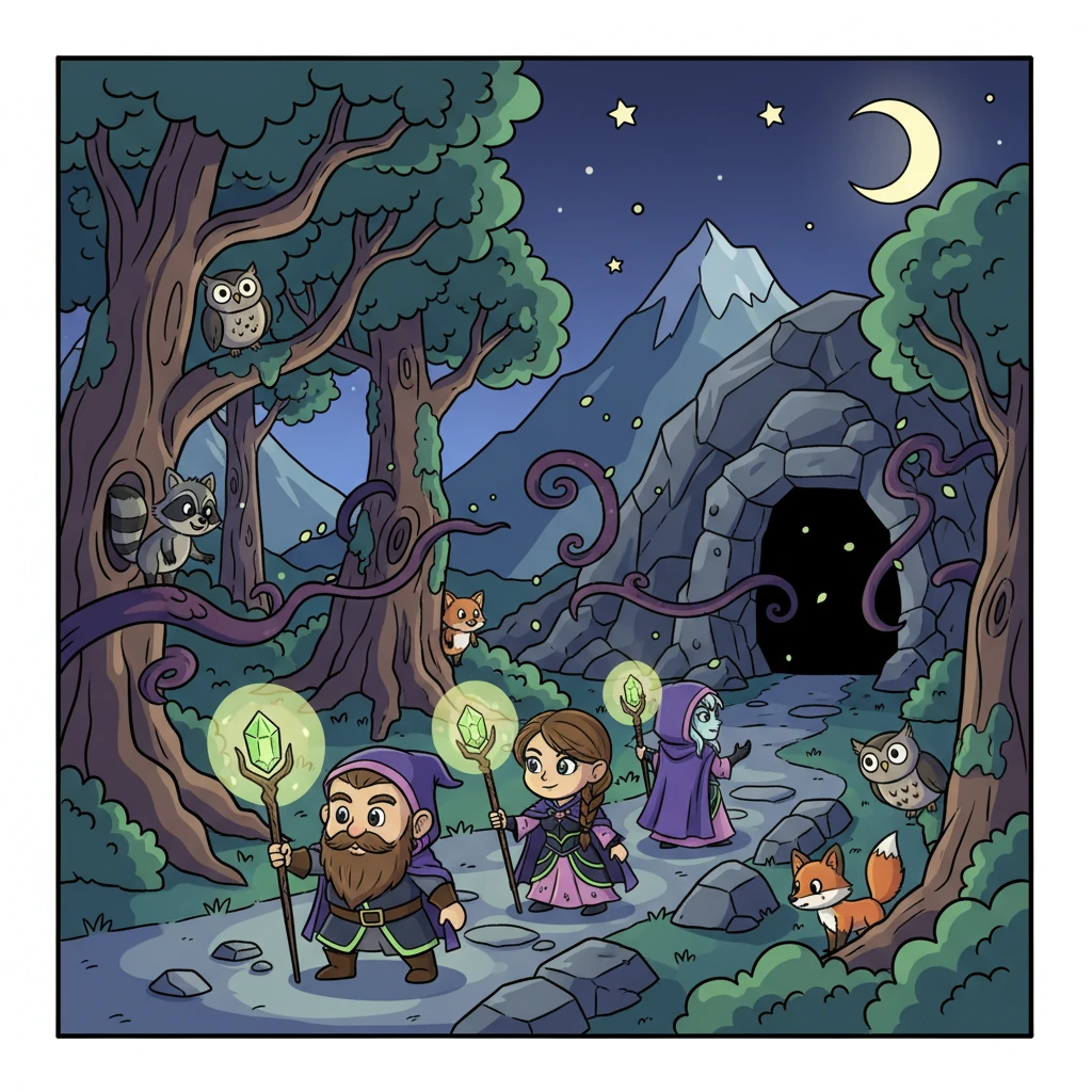 Through treacherous mountain passes and eerie caverns, Elara and her fellow mages ventured towards the sorceress's stronghold. Their path was lit by glowing staffs, revealing playful yet wary forest creatures peeking from behind ancient trees. The air grew colder, thick with Malignia's dark magic.