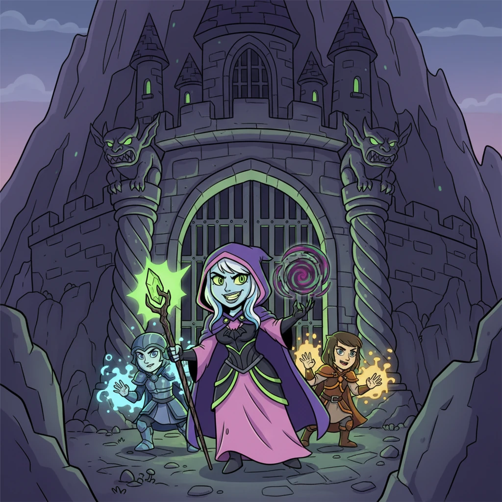 Finally, they reached Malignia's lair, a gloomy castle carved into the mountainside, adorned with menacing gargoyles. Elara, with a look of fierce resolve, led her team through the towering gates, their collective magic shimmering brightly against the oppressive darkness. They knew this was their chance to bring peace back to Eternia.
