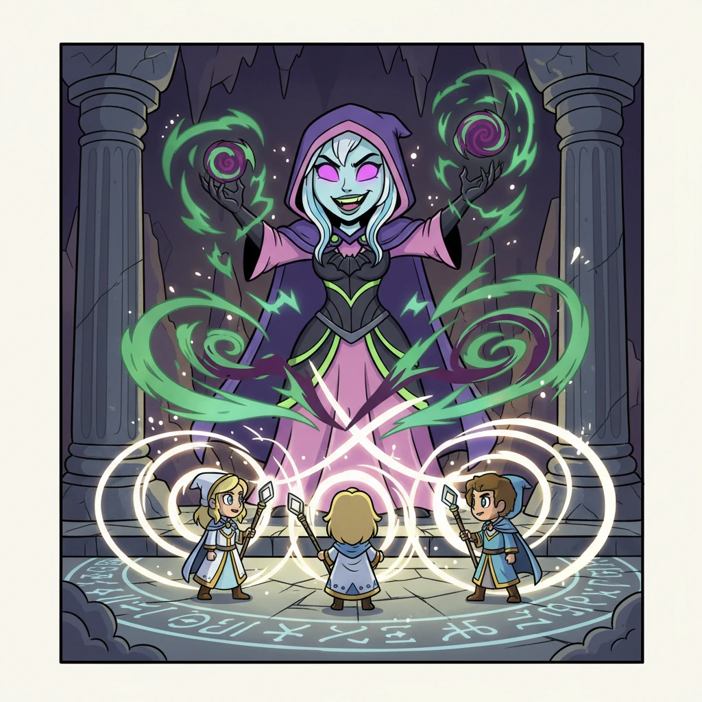 Inside, the mages confronted the towering Sorceress Malignia, who cackled as dark energy crackled around her. Her eyes glowed with malevolent power, but Elara and her team stood firm, their white magic radiating warmth and defiance. The air crackled with anticipation of the coming magical duel.