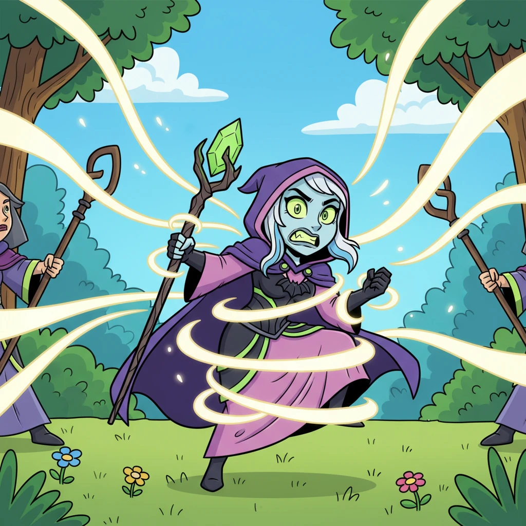 With a synchronized effort, the White Mages unleashed a brilliant torrent of pure, unblemished magic. Their spells intertwined, forming shimmering ribbons of light that swiftly encircled the surprised sorceress. Malignia struggled, but the mages' combined power was too strong.