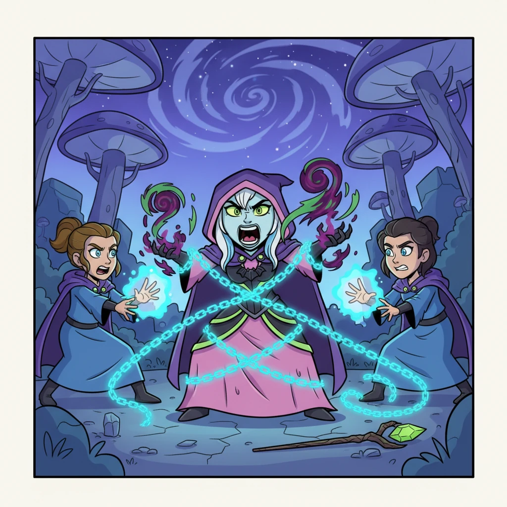 Magical chains, woven from pure light, materialized around Malignia, binding her tightly. She roared with fury, her dark powers trying to break free, but the chains held firm. The mages poured all their energy into keeping her contained, their faces focused and determined.